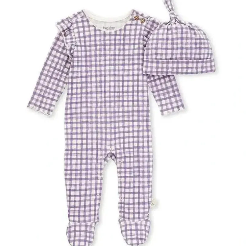 Shop All|Burts Bees - Micro Gingham Jumpsuit & Knot Top Hat Set, Dawn - cutbabycare.com | baby boutique & care hub