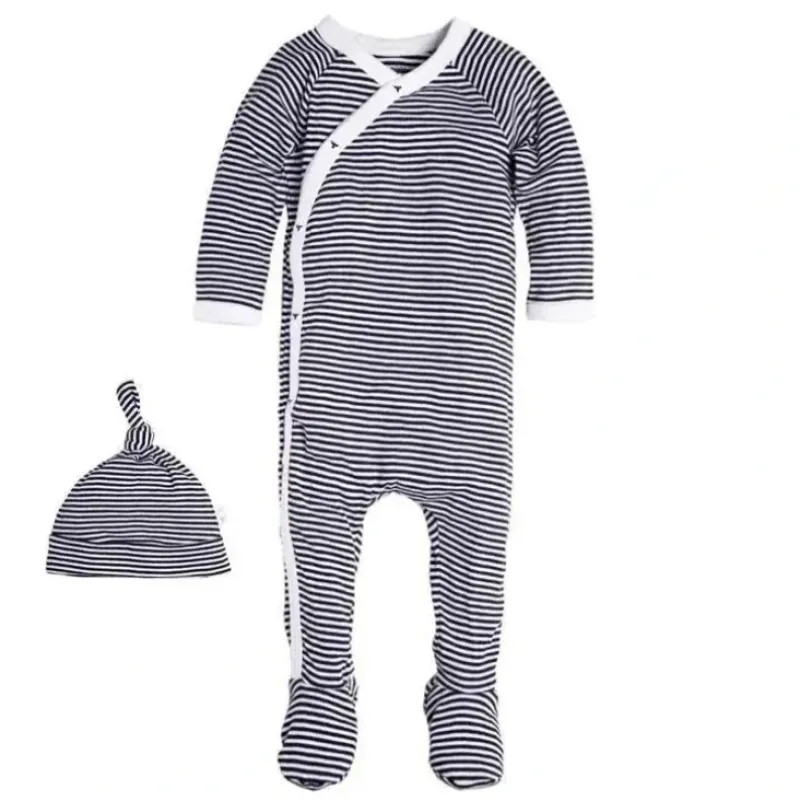 Shop All|Burt's Bees Kimono Footed Navy Striped Organic Baby Romper & Hat, Midnight - cutbabycare.com | baby boutique & care hub