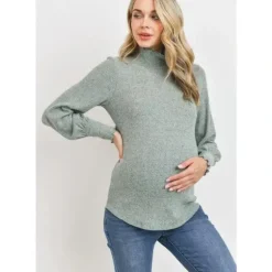 Shop All|Hello Miz - Brushed Ribbed Hacci Maternity Mock Neck Top, Mint - cutbabycare.com | baby boutique & care hub