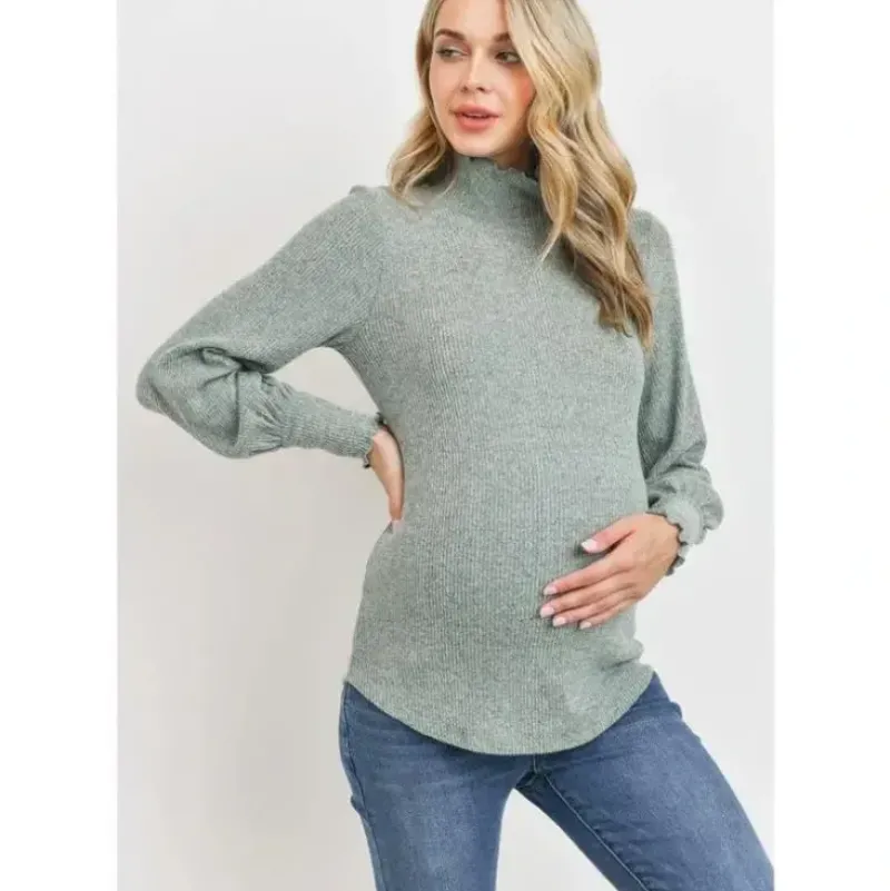 Shop All|Hello Miz - Brushed Ribbed Hacci Maternity Mock Neck Top, Mint - cutbabycare.com | baby boutique & care hub