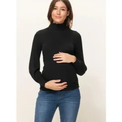 Shop All|Hello Miz - Brushed Ribbed Hacci Maternity Mock Neck Top, Black - cutbabycare.com | baby boutique & care hub