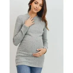Shop All|Hello Miz - Brushed Ribbed Hacci Maternity Mock Neck Top, Heather Grey - cutbabycare.com | baby boutique & care hub