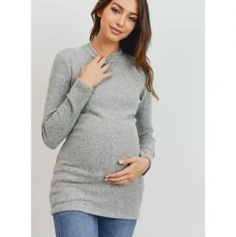 Shop All|Hello Miz - Brushed Ribbed Hacci Maternity Mock Neck Top, Heather Grey - cutbabycare.com | baby boutique & care hub
