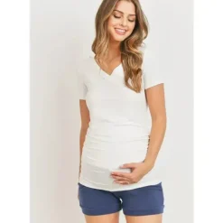 Shop All|Hello Miz - Maternity Top Basic High V-Neck With Ruched Side Detail, Ivory - cutbabycare.com | baby boutique & care hub