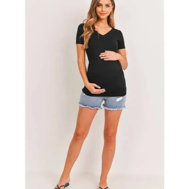 Shop All|Hello Miz - Maternity Top Basic High V-Neck With Ruched Side Detail, Black - cutbabycare.com | baby boutique & care hub