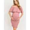 Shop All|Hello Miz - Off Shoulder Ruffled Maternity Mini Dress, Mauve - cutbabycare.com | baby boutique & care hub