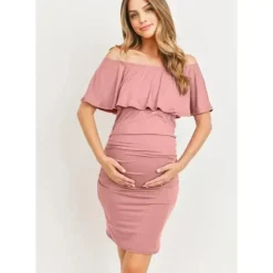 Shop All|Hello Miz - Off Shoulder Ruffled Maternity Mini Dress, Mauve - cutbabycare.com | baby boutique & care hub