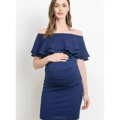 Shop All|Hello Miz - Off Shoulder Ruffle Maternity Dress, Navy - cutbabycare.com | baby boutique & care hub