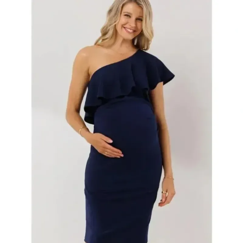 Shop All|Hello Miz - One Shoulder Ruffle Maternity Dress, Navy - cutbabycare.com | baby boutique & care hub