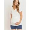 Shop All|Hello Miz - Ruched High V-Neck Short Sleeve Maternity T-Shirt, Ivory - cutbabycare.com | baby boutique & care hub