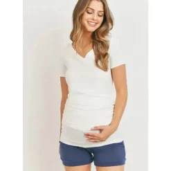 Shop All|Hello Miz - Ruched High V-Neck Short Sleeve Maternity T-Shirt, Ivory - cutbabycare.com | baby boutique & care hub