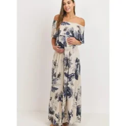 Shop All|Hello Miz - Ruffle Off The Shoulder Maxi Maternity Dress, Taupe - cutbabycare.com | baby boutique & care hub