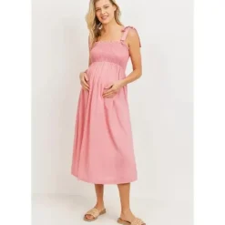 Shop All|Hello Miz - Smocked Tie Strap Maternity Midi Dress - cutbabycare.com | baby boutique & care hub