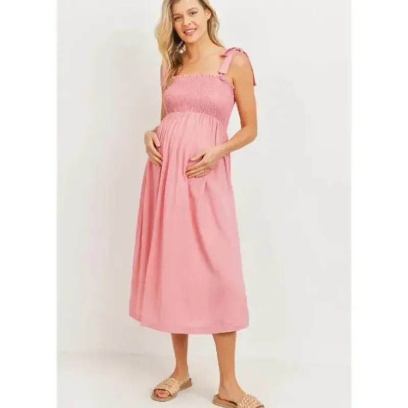Shop All|Hello Miz - Smocked Tie Strap Maternity Midi Dress - cutbabycare.com | baby boutique & care hub