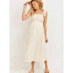 Shop All|Hello Miz - Smocked Tie-Shoulder Maternity Midi Dress, Oatmeal - cutbabycare.com | baby boutique & care hub
