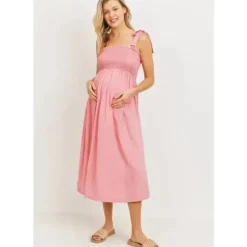 Shop All|Hello Miz - Smocked Tie-Shoulder Maternity Midi Dress, Pink - cutbabycare.com | baby boutique & care hub