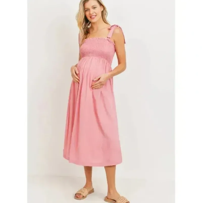 Shop All|Hello Miz - Smocked Tie-Shoulder Maternity Midi Dress, Pink - cutbabycare.com | baby boutique & care hub