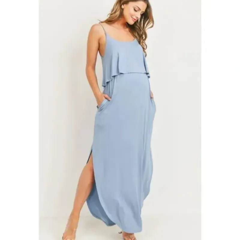 Shop All|Hello Miz - Solid Maternity Nursing Maxi Dress, Chambray - cutbabycare.com | baby boutique & care hub