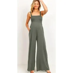 Shop All|Hello Miz - Square Neck Smocked Maternity Flared Jumpsuit, Olive - cutbabycare.com | baby boutique & care hub