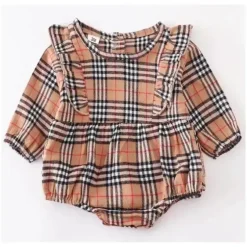 Shop All|Honeydew - Beige Plaid Ruffle Baby Romper - cutbabycare.com | baby boutique & care hub