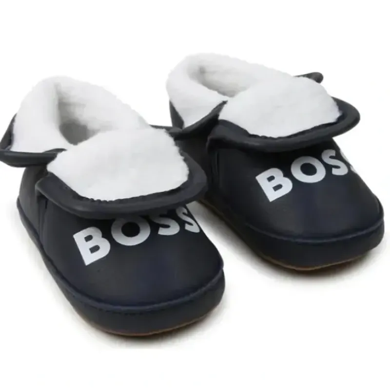 Shop All|Hugo Boss Baby - Faux Sherling Leather Slippers, Navy - cutbabycare.com | baby boutique & care hub