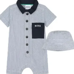 Shop All|Hugo Boss Baby - Striped Cotton Ensemble Set All In One & Hat, Blue - cutbabycare.com | baby boutique & care hub