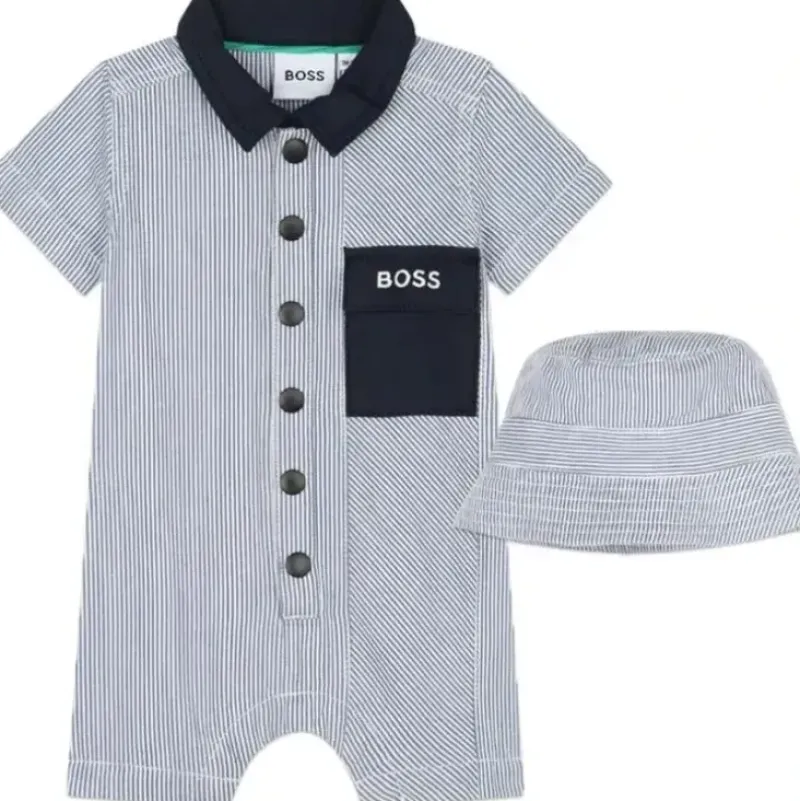 Shop All|Hugo Boss Baby - Striped Cotton Ensemble Set All In One & Hat, Blue - cutbabycare.com | baby boutique & care hub