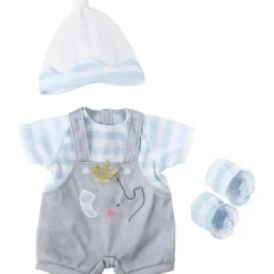 Shop All|JC Toys - Berenguer Boutique Baby Doll Outfit, Gray Overall Shorts with Blue Stripes, Ages 2+ - cutbabycare.com | baby boutique & care hub