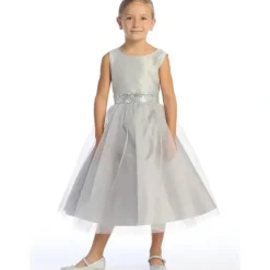 Shop All|Lito - Baby Girl Dress Shantung & Sparkle Tulle With Sequins V-Back Trim - cutbabycare.com | baby boutique & care hub