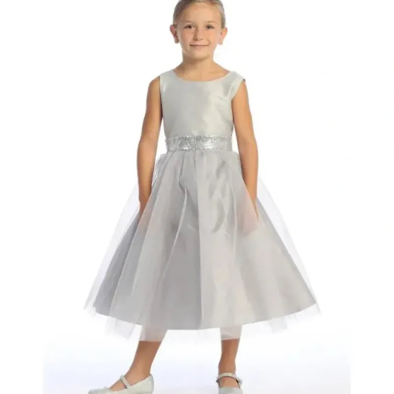 Shop All|Lito - Baby Girl Dress Shantung & Sparkle Tulle With Sequins V-Back Trim - cutbabycare.com | baby boutique & care hub