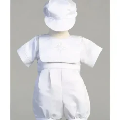 Shop All|Lito - Satin Romper With Embroidered 'Cross And Holy Spirit' On Bib Kenneth, White, 0/3M - cutbabycare.com | baby boutique & care hub