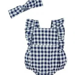 Shop All|Mud Pie - Baby Girl Navy Gingham Bubble & Headband Set - cutbabycare.com | baby boutique & care hub