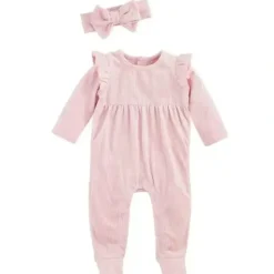 Shop All|Mud Pie - Baby Girl Pink Velour Sleeper & Headband Set - cutbabycare.com | baby boutique & care hub