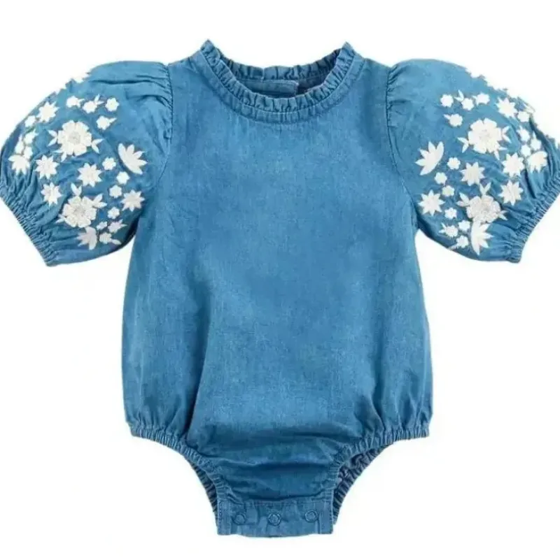 Shop All|Mud Pie - Embroidered Denim Baby Romper - cutbabycare.com | baby boutique & care hub