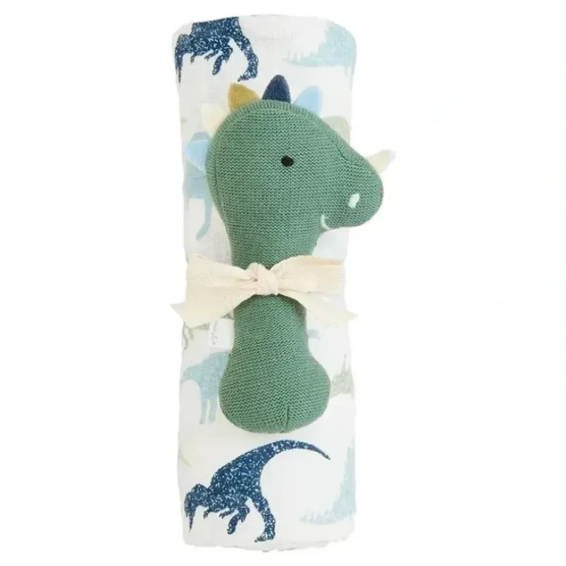 Shop All|Mud Pie - Kids Dino Swaddle and Stick Rattle; Swaddle 47 X 47, Rattle 6 X 3 - cutbabycare.com | baby boutique & care hub