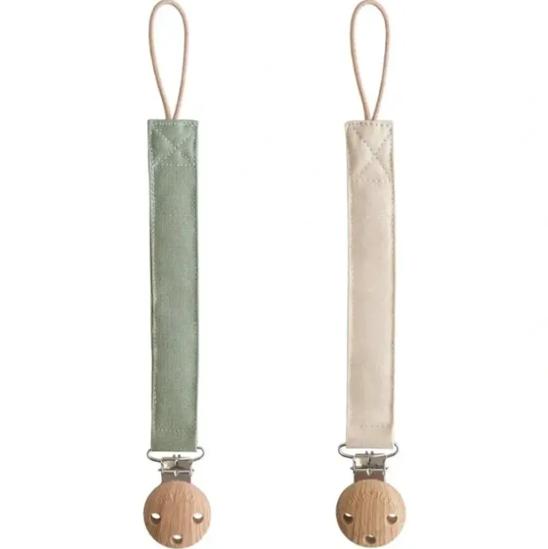 Shop All|Mushie - Linen Pacifier Clip 2 Pack, Olive/Shifting Sand - cutbabycare.com | baby boutique & care hub