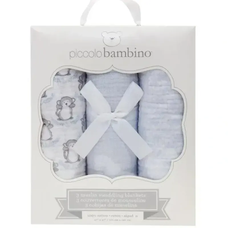Piccolo Bambino - 3 Pc Muslin Swaddling Blankets In Box - Boy - cutbabycare.com | baby boutique & care hub* Discount