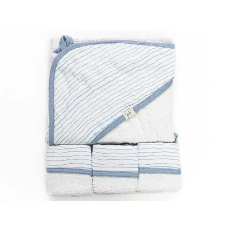 Piccolo Bambino Blue Striped Baby Hooded Towel & 3 Baby Washcloths Set - cutbabycare.com | baby boutique & care hub* New