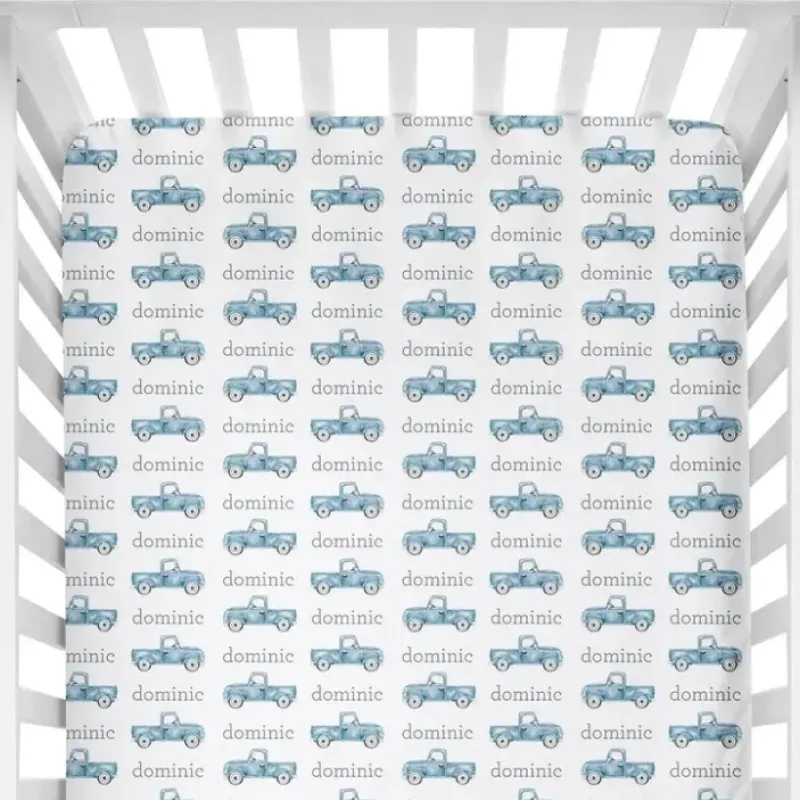 Sugar + Maple Personalized Crib Sheet | Truck Blue - cutbabycare.com | baby boutique & care hub* Clearance