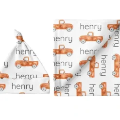 Sugar + Maple Personalized Small Blanket & Hat Set | Truck Orange - cutbabycare.com | baby boutique & care hub* Best Sale