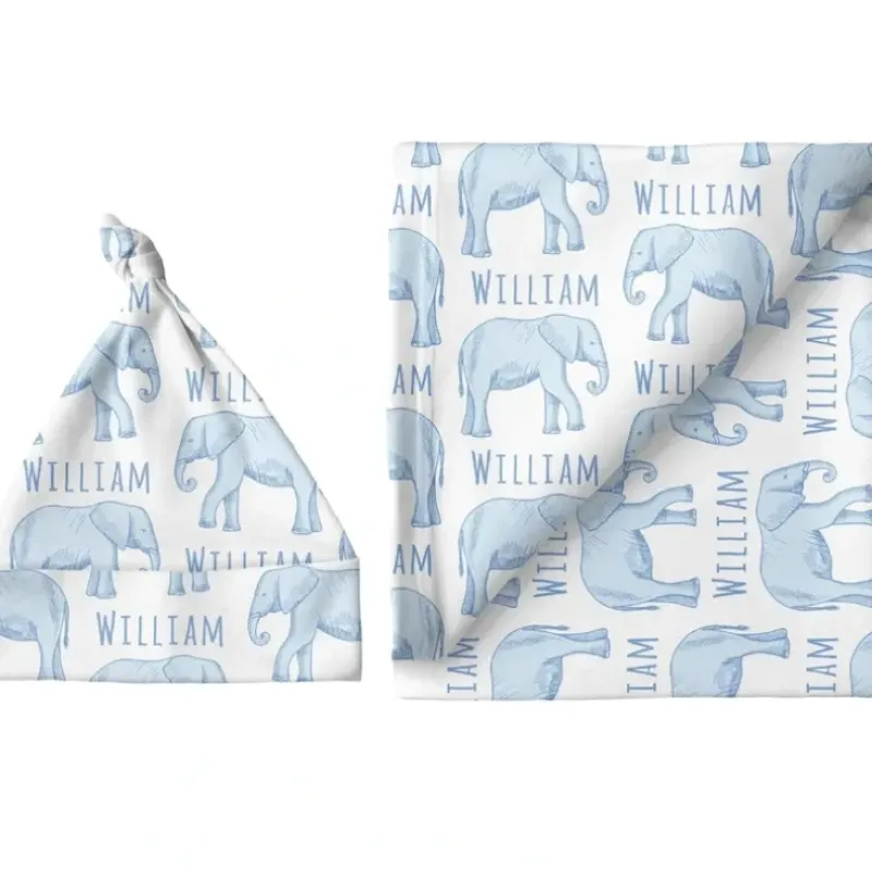 Shop All|Sugar + Maple Personalized Large Blanket & Hat Set | Elephant Blue - cutbabycare.com | baby boutique & care hub