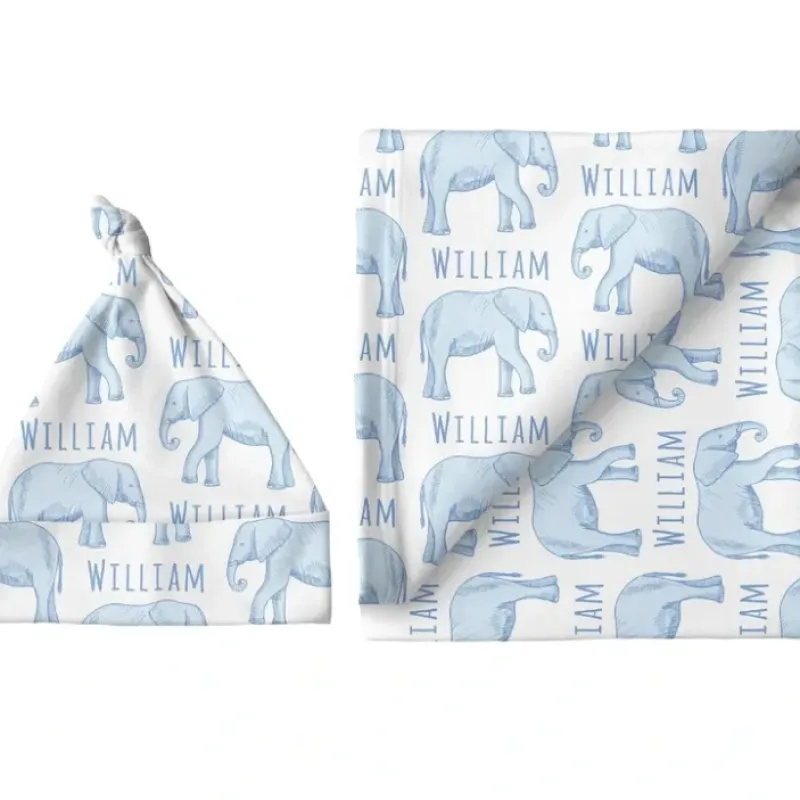 Sugar + Maple Personalized Small Blanket & Hat Set | Elephant Blue - cutbabycare.com | baby boutique & care hub* New