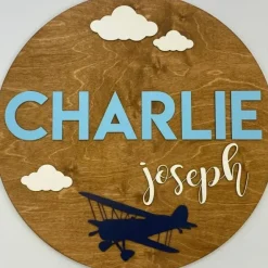 Sugar + Maple Round Personalized Wood Name Sign | Airplane - cutbabycare.com | baby boutique & care hub* Store