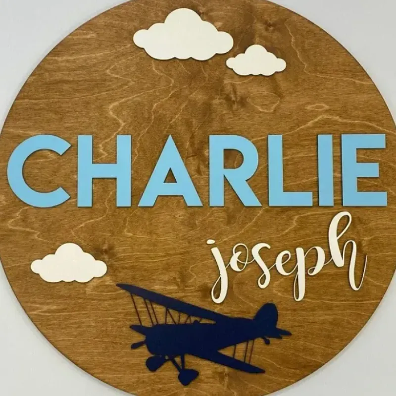 Sugar + Maple Round Personalized Wood Name Sign | Airplane - cutbabycare.com | baby boutique & care hub* Store