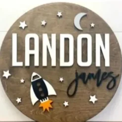 Sugar + Maple Round Personalized Wood Name Sign | Space Ship - cutbabycare.com | baby boutique & care hub* New