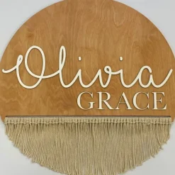 Sugar + Maple Round Personalized Wood Name Sign | Macrame - cutbabycare.com | baby boutique & care hub* Best Sale