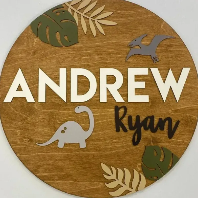 Shop All|Sugar + Maple Round Personalized Wood Name Sign | Dinosaur - cutbabycare.com | baby boutique & care hub