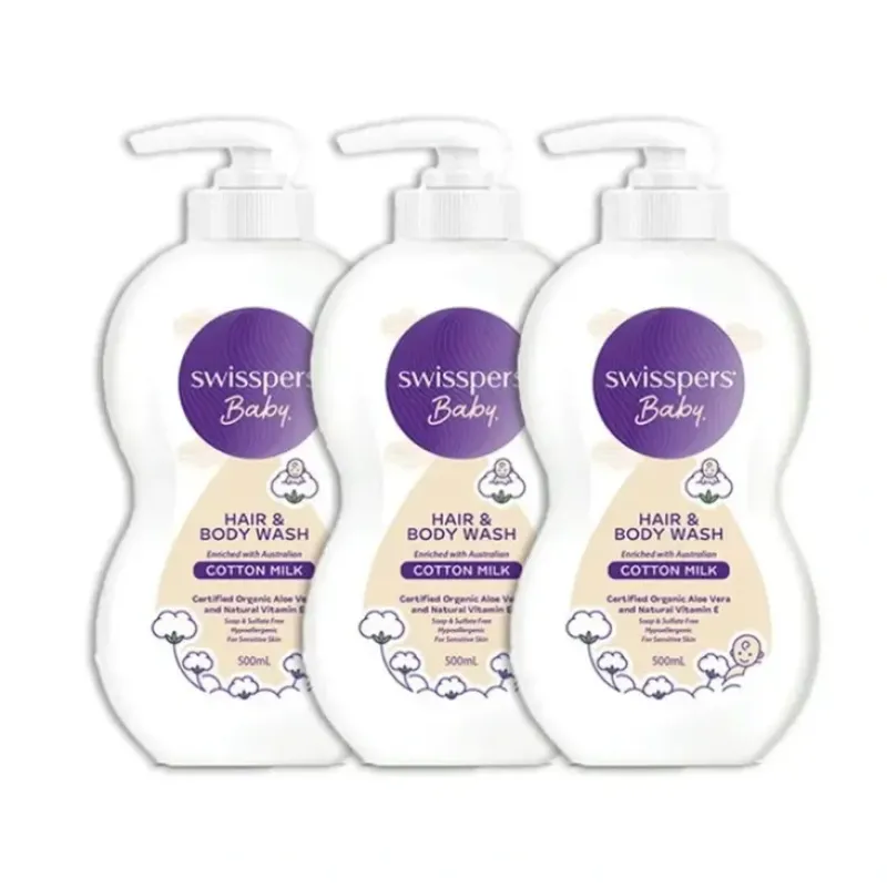 Shop All|3x Swisspers Baby Cotton Milk Gentle All-In-One Hair & Body Wash Cleanser 500ml - cutbabycare.com | baby boutique & care hub